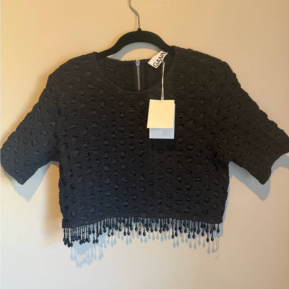 GANNI Black Smocked Top with beads - Picture 4 of 7